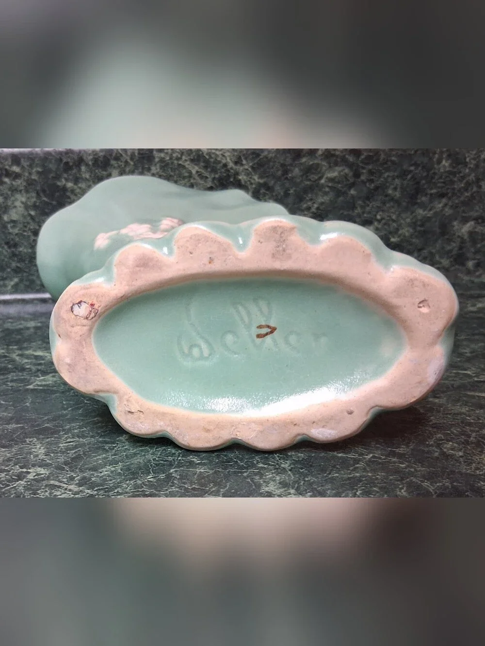 1930s Weller Cameo Rose Cornucopia Vase Blue with White Roses 6.5”